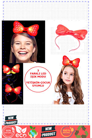 Led Işıklı & Pilli 3 Farklı Modda Yanan Yıldızlı Fiyonk Parti Tacı Kırmızı Renk 19x15Cm 1 Gram Kız E