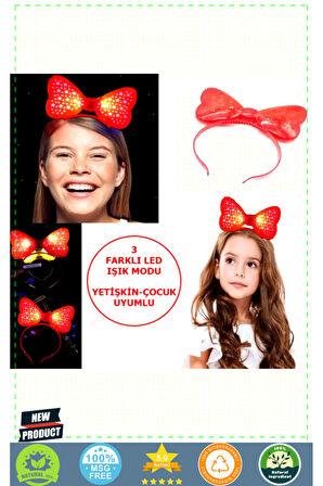 Led Işıklı & Pilli 3 Farklı Modda Yanan Yıldızlı Fiyonk Parti Tacı Kırmızı Renk 19x15Cm 1 Gram Kız E