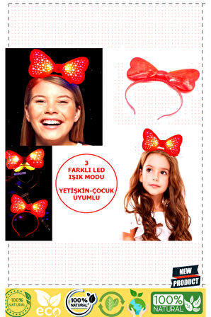 Led Işıklı & Pilli 3 Farklı Modda Yanan Yıldızlı Fiyonk Parti Tacı Kırmızı Renk 19x15Cm 1 Gram Kız E