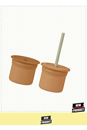 OiOi Ham+Hüp Pipetli Silikon Bardak Seti Woody Brown / PowderGrey 1 Gram Kız Erkek Çocuk Oyuncakları