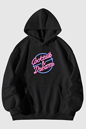 Cocktails Neon Baskılı Unisex Siyah Kanguru Cepli Kapüşonlu Sweatshirt Hoodie | L