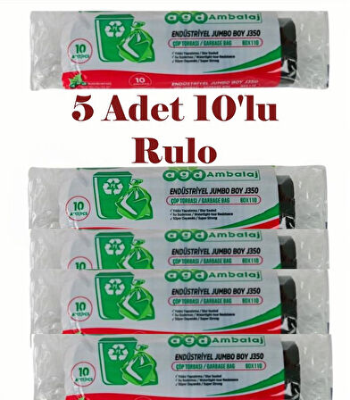 Endüstriyel Jumbo Boy Çöp Torbası – 80x110 cm, 350 Gr, 5 Paket (Toplam 50 Adet), Dayanıklı
