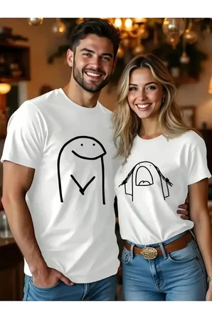 Sevgili Kombini Oversize Çift Tişört Unisex Couple Kombin Minimal Baskılı Matching Partner Set