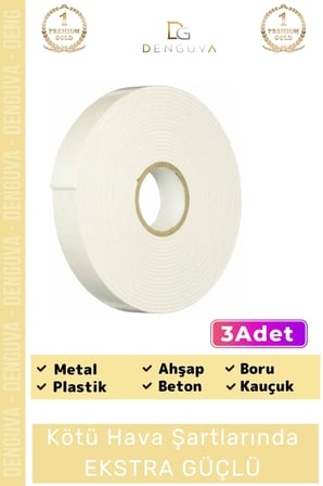 Süper Güçlü Uzun Ömürlü Kuvvetli Yapışkan Kolay Uygulanır İz Bırakmaz Çift Taraflı Köpük Bant 3 Adet