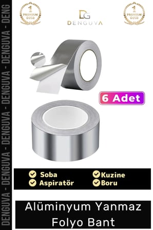 Özel Suya Sıcaklığa Dayanıklı Tamir Soba Boru Yama Alüminyum Yanmaz Folyo Bant 45mm - 5mt - 6 Adet
