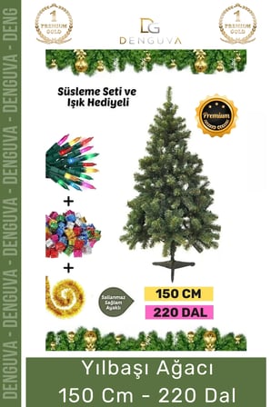 Premium Kutu Süsleme Seti Yılbaşı Çam Ağacı Renkli Işığı Yeni Yıl Süsleri Noel Paketi 150 Cm 220 Dal
