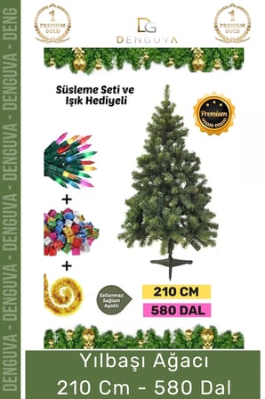 Premium Kutu Süsleme Seti Yılbaşı Çam Ağacı Renkli Işığı Yeni Yıl Süsleri Noel Paketi 210 Cm 580 Dal