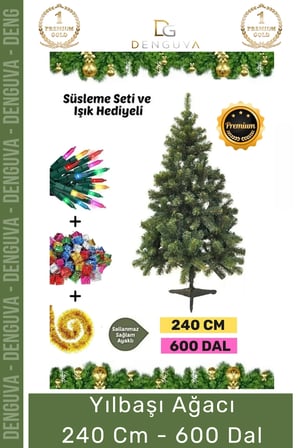 Premium Kutu Süsleme Seti Yılbaşı Çam Ağacı Renkli Işığı Yeni Yıl Süsleri Noel Paketi 240 Cm 600 Dal