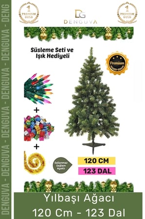 Premium Kutu Süsleme Seti Yılbaşı Çam Ağacı Renkli Işığı Yeni Yıl Süsleri Noel Paketi 120 Cm 123 Dal