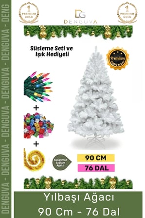 Premium Süsleme Seti Yılbaşı Beyaz Çam Ağacı Renkli Işığı Yeni Yıl Süsleri Noel Paketi 90 Cm 76 Dal