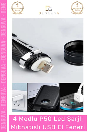 Özel Üretim Takma Aparatlı Dayanıklı Metal Alüminyum 4 Modlu P50 Led Şarjlı Mıknatıslı Usb El Feneri