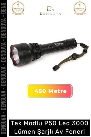 Profesyonel 450 Metre Menzilli Mat Beyaz Işıklı Tek Modlu P50 Led 3000 Lümen Şarjlı Av Feneri