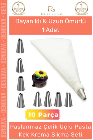 Premium Seri Paslanmaz Çelik Uçlu Pasta Kek Süsleme Torbası Krema Sıkma Seti 10 Parça - 2 Adet