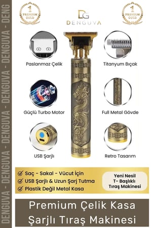 Premium Çelik Kasa Profesyonel Şarjlı Saç Sakal Ense Çizim Lazer Öncesi Tüm Vücut Tıraş Makinesi