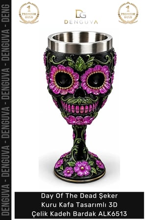 #Kadeh Gotik Hediyelik Day Of The Dead Şeker Kuru Kafa Tasarımlı 3D Çelik Kadeh Bardak Alk6513