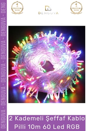 #LedIşık Dekoratif Yılbaşı Aydınlatma Renkli Işık 2 Kademeli Şeffaf Kablo Pilli 10m 60 Led RGB