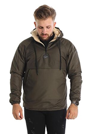 Dar Kesim Içi Kürklü Kanguru Cep Erkek Yağmurluk Mont