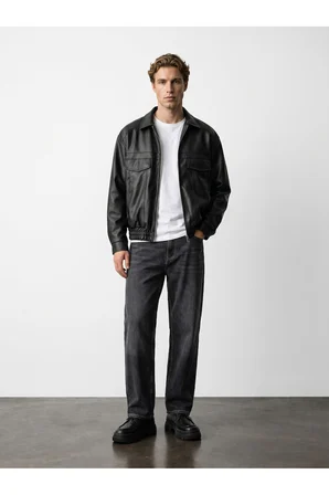 ZRA Trend Beli Lastikli Crop Bomber Oversize Deri Ceket