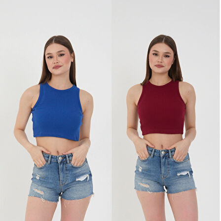 Wearflawless Kadın 2'li Adet Fitilli PAMUKLU Örme Kaşkorse Crop Bluz Atlet