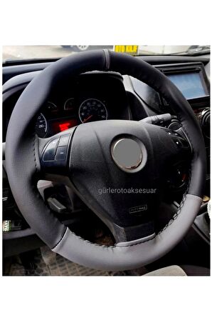 Opel Corsa E Uyumlu Direksiyon Kılıfı Dikmeli Iki Renkli Yüzüklü Gri-Siyah