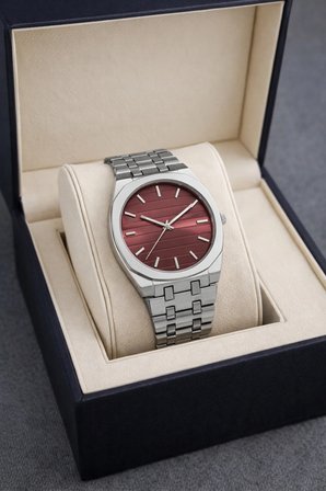 Gümüş Renk Bordo Kadran Çelik Kordon 40mm Ufak Kasa Erkek Kol Saati + Saat Kutusu