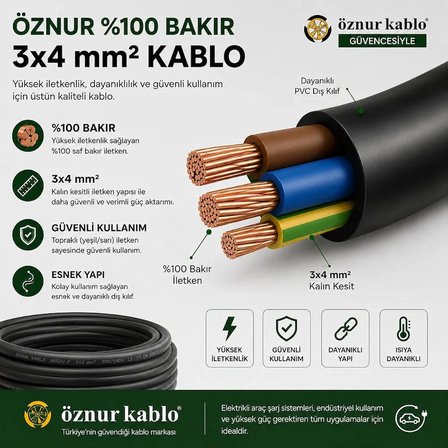 Elektrikli Araç Şarj Uzatma Kablosu,%100 Bakır 3x4 mm², Topraklı EV Şarj ve Güç Uzatma Kablosu, Kalın Kesit Profesyonel Kullanım ( 10 METRE)
