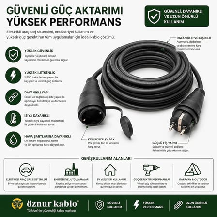 Elektrikli Araç Şarj Uzatma Kablosu,%100 Bakır 3x4 mm², Topraklı EV Şarj ve Güç Uzatma Kablosu, Kalın Kesit Profesyonel Kullanım (15 METRE)