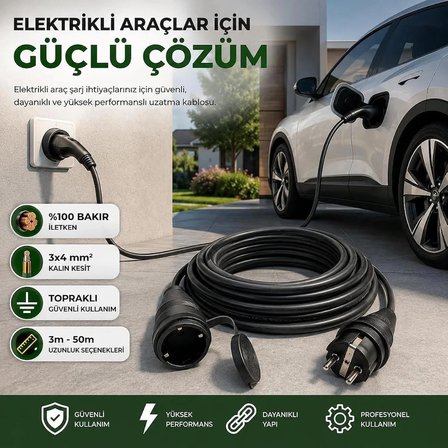  5 METRE Elektrikli Araç Şarj Uzatma Kablosu,%100 Bakır 3x4 mm², Topraklı EV Şarj ve Güç Uzatma Kablosu, Kalın Kesit Profesyonel Kullanım (5 METRE)