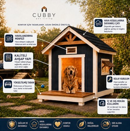 Cubby-Pet Living Ahşap Köpek Kulübesi Isı Yalıtımlı Su Geçirmez Orta ve Büyük Irk