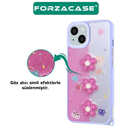 Forzacase iPhone 14 ile uyumlu Cute Serisi Parlayan Simli Kabartma Figürlü Kılıf