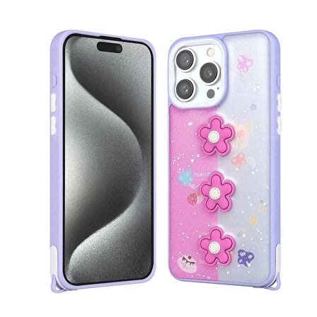 Forzacase iPhone 15 Pro ile uyumlu Cute Serisi Parlayan Simli Kabartma Figürlü Kılıf