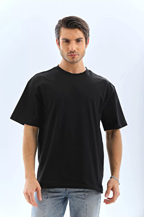 Unisex Oversize Düz Bisiklet Yaka T-Shirt - Siyah