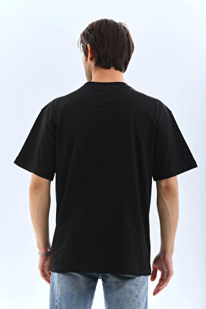 Unisex Oversize Düz Bisiklet Yaka T-Shirt - Siyah