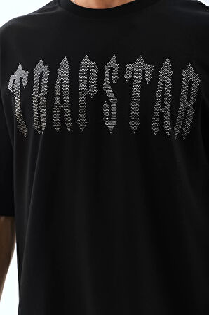 Unisex Oversize Taşlı Bisiklet Yaka T-Shirt - Siyah