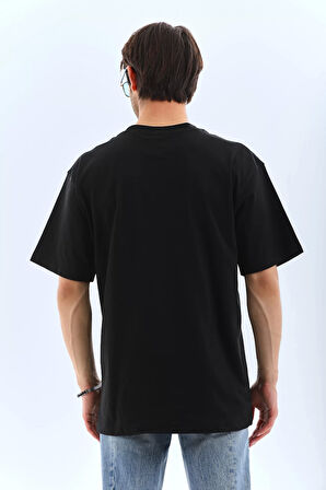 Unisex Oversize Taşlı Bisiklet Yaka T-Shirt - Siyah