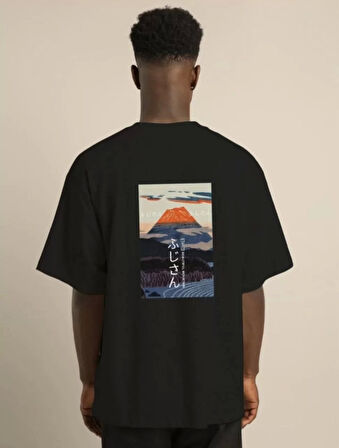 Unisex Bisiklet Yaka Baskılı Oversize T-Shirt - Siyah