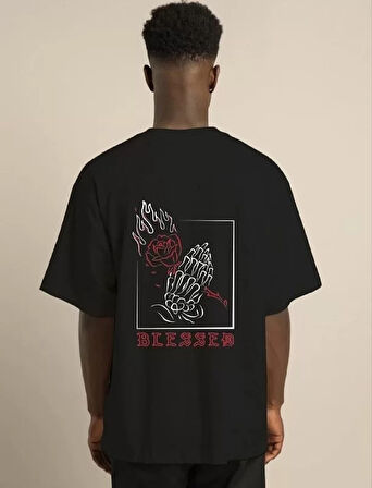 Unisex Bisiklet Yaka Oversize Baskılı T-Shirt - Siyah