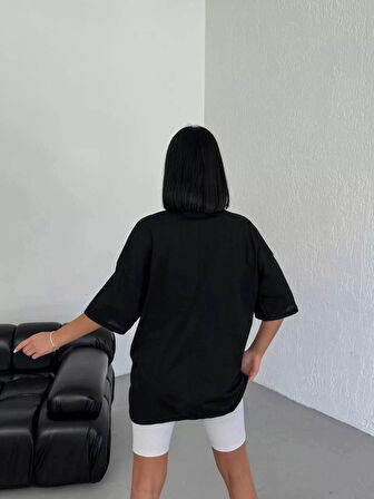 Unisex Bisiklet Yaka Baskılı Oversize T-Shirt - Siyah