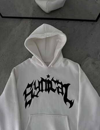 Kışlık Kapüşonlu Baskılı Oversize SweatShirt- Beyaz