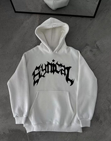 Kışlık Kapüşonlu Baskılı Oversize SweatShirt- Beyaz