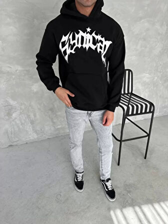 Unisex Üç İplik Kapüşonlu Baskılı SweatShirt - Siyah