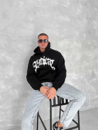 Unisex Üç İplik Kapüşonlu Baskılı SweatShirt - Siyah