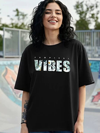 Kadın Baskılı Oversize T-shirt - Siyah