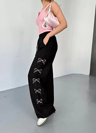 Osy Modal Yumuşak Dokulu Kumaş Nakış işlemeli Rahat Bol Paça Eşofman Pantalon - Siyah