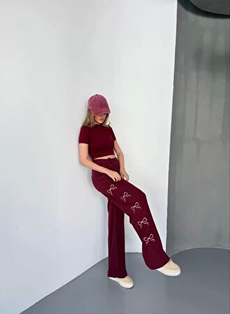 Osy Modal Yumuşak Dokulu Kumaş Nakış işlemeli Rahat Bol Paça Eşofman Pantalon - Bordo
