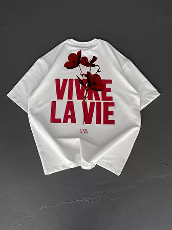 Baskılı Oversize Bisiklet Yaka T-shirt - Beyaz