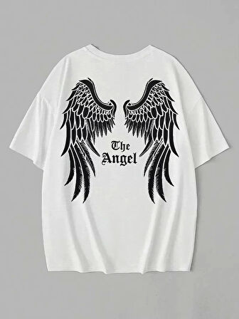 20/1 Penye Compack Dark Angel Baskılı Oversize Kısa Kol Yazlık T-shirt- Beyaz