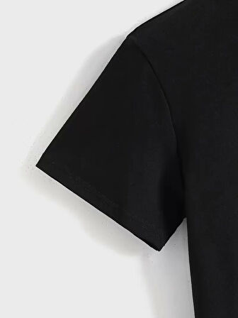 20/1 Penye Compack Baskılı Oversize Kısa Kol Bisiklet Yaka T-shirt - Siyah