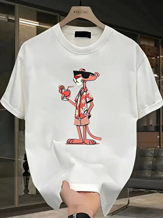 Pembe Panter Baskılı Erkek Oversize Günlük Kısa Kollu Tişört İlkbahar ve Yaz için Mükemmeldir - Beyaz