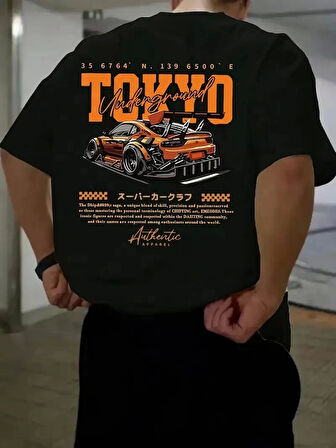 Erkek Turuncu Spor Araba Grafik Tişört - "TOKYO" Baskılı Günlük Oversize Kısa Kollu Tişört, Yetişkinler için Yazlık Giyim, Turuncu Araba Tasarımı- Siyah